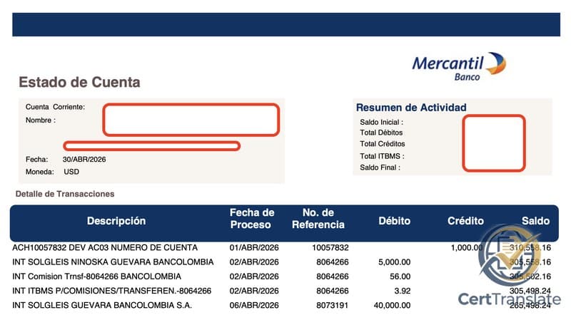 Top portion of a Mercantil Banco (Panama) Estado de Cuenta with the account holder's name, address, and activity-summary values redacted, showing the source field label 'Cuenta Corriente:' (Checking Account) that the initial English draft dropped
