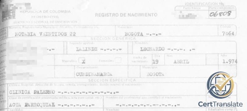 Pre-1980s Colombian Registro Civil de Nacimiento with the SECCIÓN ESPECÍFICA row showing CLÍNICA PALERMO and ACTA PARROQUIAL — holder name, document number, and partial ID redacted