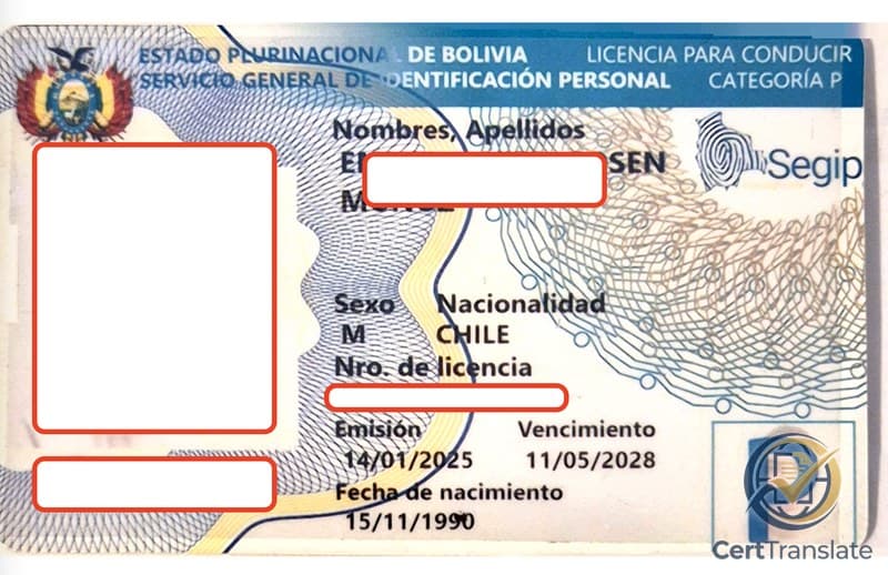 Bolivian plastic driver's license with redacted personal data showing the expiration value '11/05/2028' printed in DD/MM/YYYY format on the front of the card
