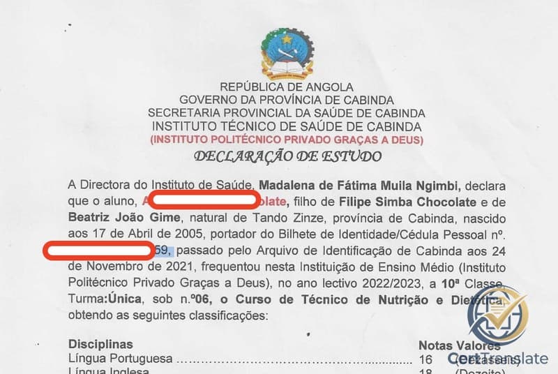 Angolan vocational school 'Declaração de Estudo' (Study Declaration) issued by the Instituto Politécnico Privado Graças a Deus in Cabinda — top of one of three per-year pages, with the student's first name and Bilhete de Identidade number redacted
