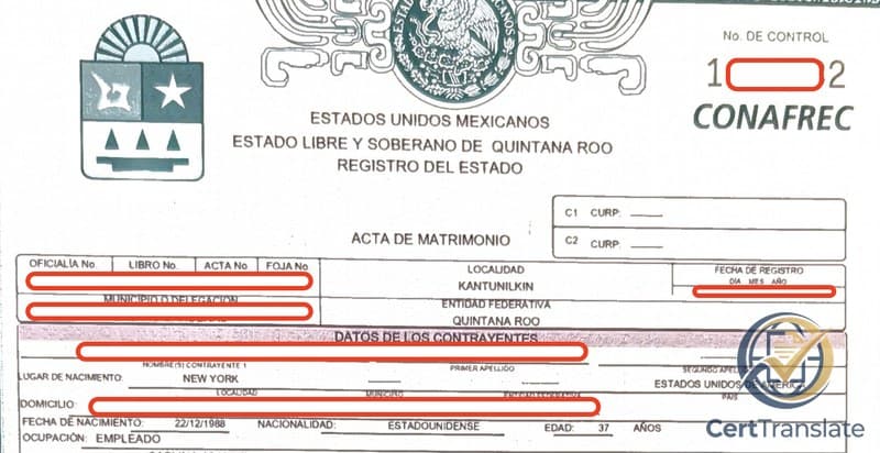 Top portion of a long-form Mexican Acta de Matrimonio (CONAFREC paper sheet) from the Civil Registry of Lázaro Cárdenas, Quintana Roo, with personal data redacted — showing the masthead, ACTA DE MATRIMONIO title, OFICIALÍA / LIBRO / ACTA / FOJA grid, the FECHA DE REGISTRO field, the DATOS DE LOS CONTRAYENTES band, and the start of the first contracting party block