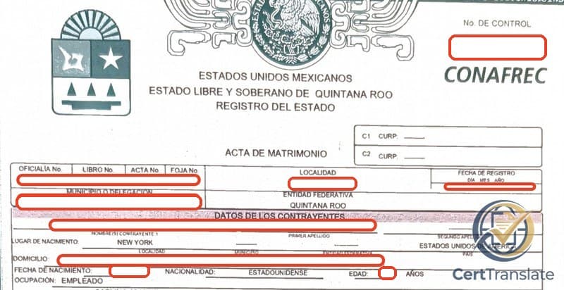 Top portion of a long-form Mexican Acta de Matrimonio (CONAFREC paper sheet) from the Civil Registry of Lázaro Cárdenas, Quintana Roo, with personal data redacted — showing the masthead, ACTA DE MATRIMONIO title, OFICIALÍA / LIBRO / ACTA / FOJA grid, the FECHA DE REGISTRO field, the DATOS DE LOS CONTRAYENTES band, and the start of the first contracting party block