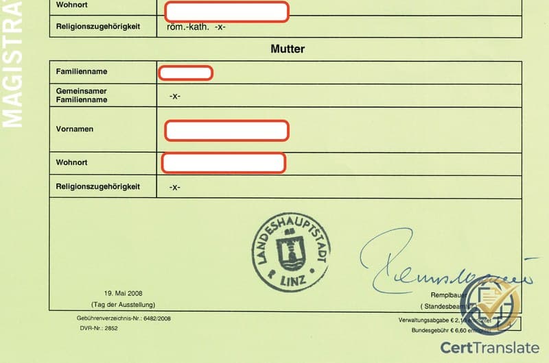 Austrian Geburtsurkunde (birth certificate) issued by Landeshauptstadt Linz with redacted personal details — the left margin carries the vertical institutional label 'MAGISTRAT DER LANDESHAUPTSTADT LINZ' for the city's municipal administration, a Statutarstadt under Article 116(3) of the Austrian Federal Constitution