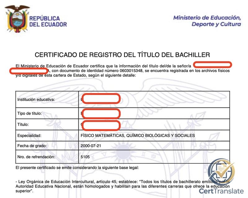 Ecuadorian Certificado de Registro del Título del Bachiller with redacted personal data, showing the credential type 'BACHILLER', specialization 'FÍSICO MATEMÁTICAS, QUÍMICO BIOLÓGICAS Y SOCIALES', and the date and endorsement-number fields
