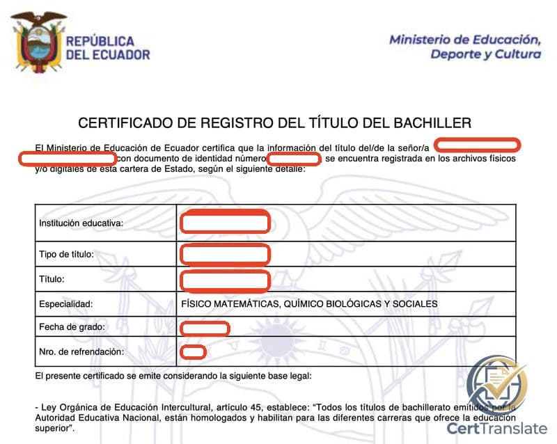 Ecuadorian Certificado de Registro del Título del Bachiller with redacted personal data, showing the credential type 'BACHILLER', specialization 'FÍSICO MATEMÁTICAS, QUÍMICO BIOLÓGICAS Y SOCIALES', and the date and endorsement-number fields