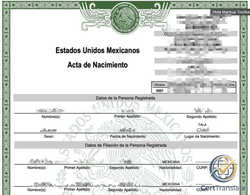 Redacted front page of a two-sided Mexican digital acta de nacimiento (birth certificate) from Jalisco; this case covers translating the back of this Mexican birth certificate — its reverse validation page with the issuing authorities and verification QR codes