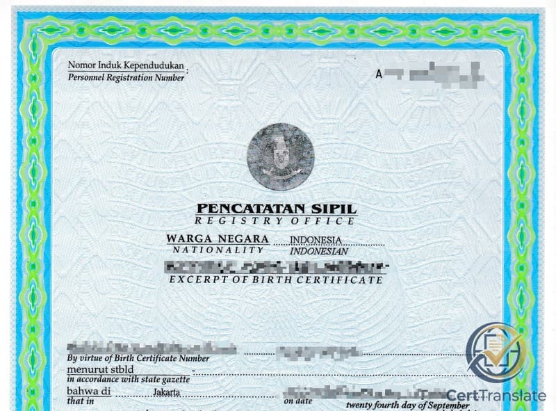 Indonesian birth certificate (Kutipan Akta Kelahiran) with the registration and certificate numbers redacted, showing the pre-printed bilingual Indonesian and English field labels — Pencatatan Sipil / Registry Office, Warga Negara / Nationality, and Excerpt of Birth Certificate