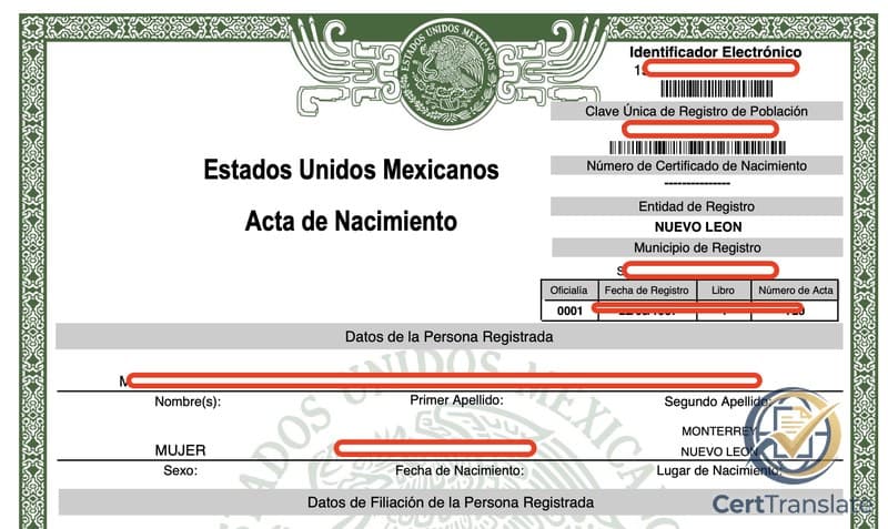 Top portion of a Mexican Acta de Nacimiento (digital e-Acta) from the Civil Registry of Nuevo León, with personal data redacted, showing the visibly blank 'Número de Certificado de Nacimiento' field rendered as a row of dashes — the hospital-issued Certificado Único de Nacimiento number, empty by design on records that pre-date Mexico's 2008 CUN rollout
