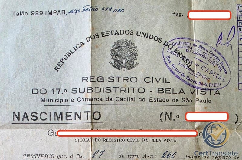 1964 Brazilian birth certificate (Certidão de Nascimento) from the 17.º Subdistrito - Bela Vista, São Paulo — names, registration number, and parents' names redacted, with the top-line 'Talão 929 IMPAR, digo Talão 929 par' inline scribal self-correction highlighted
