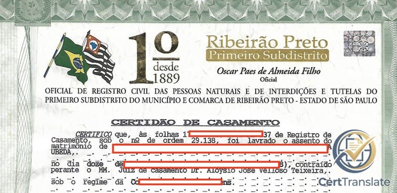 Brazilian marriage certificate (Certidão de Casamento) issued by the 1st Subdistrict Civil Registry of Ribeirão Preto, SP, with redacted personal details — showing two Authorized Clerks' signatures stacked on the same page (reconhecimento de firma por semelhança)