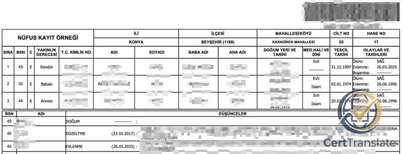 Turkish population registry record (nüfus kayıt örneği) with personal details redacted, showing the remarks section where an official correction documents a court-ordered change of the holder's given name from a former name to a current name