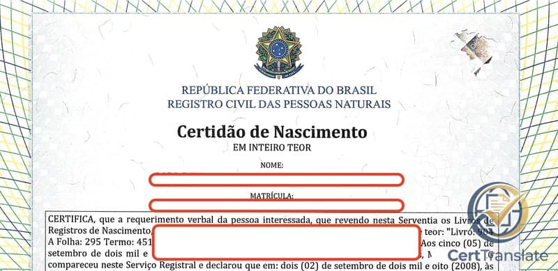 Brazilian CNJ apostille birth certificate translation source — top of page 1 of a Certidão de Nascimento (em inteiro teor) issued by the 1.º Subdistrito de Belo Horizonte, with NOME, MATRÍCULA, and the declarant identification line redacted; the masthead Brazilian coat of arms is preserved