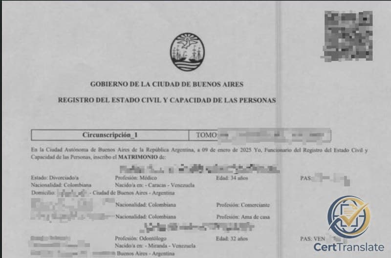 Top of an Argentine marriage certificate (acta de matrimonio) from Buenos Aires with personal details redacted, showing pre-printed form fields that carry both gender endings — Estado: Divorciado/a, Nacido/a en, Hijo/a de