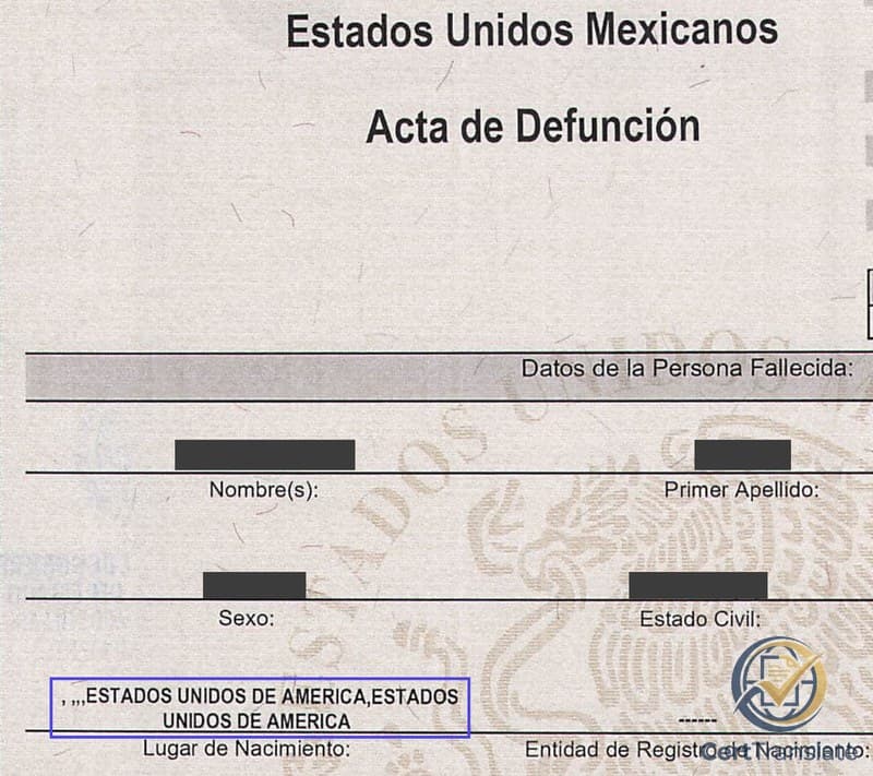 Mexican Acta de Defunción with the name, sex and civil status redacted, showing commas in the place of birth field before the country name printed twice