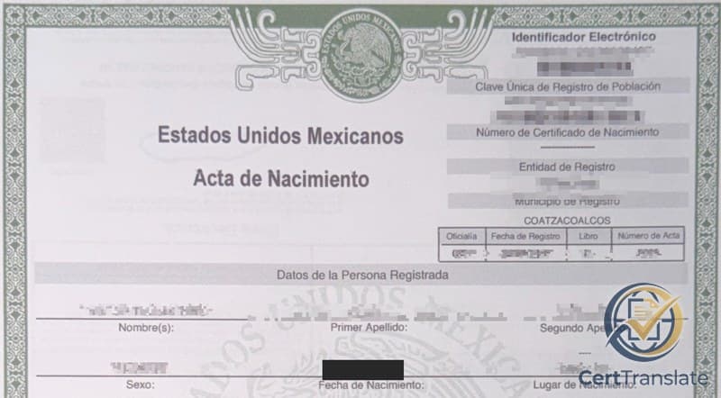 Redacted Mexican birth certificate (acta de nacimiento) from the State of Veracruz — one of two family documents translated together for a USCIS filing; the name, CURP, electronic identifier, certificate numbers, and date of birth are masked while the registry field structure stays visible