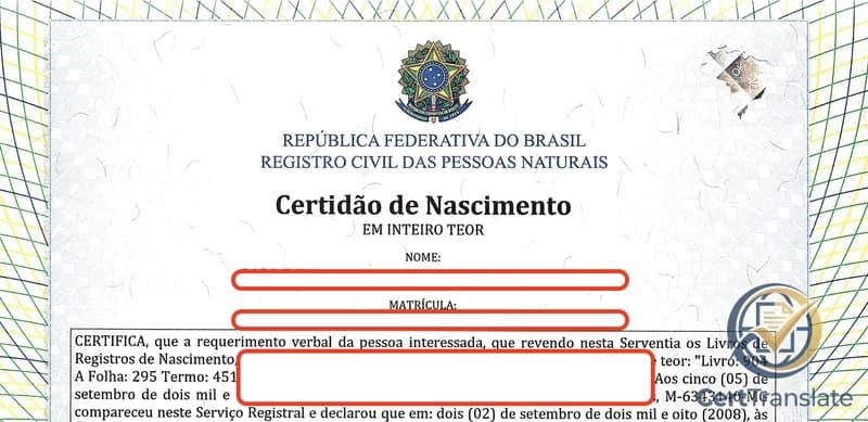 Brazilian Inteiro Teor birth certificate with redacted name and matrícula — top of page showing the República Federativa do Brasil coat of arms, the "EM INTEIRO TEOR" title, and the start of the registry-book transcript