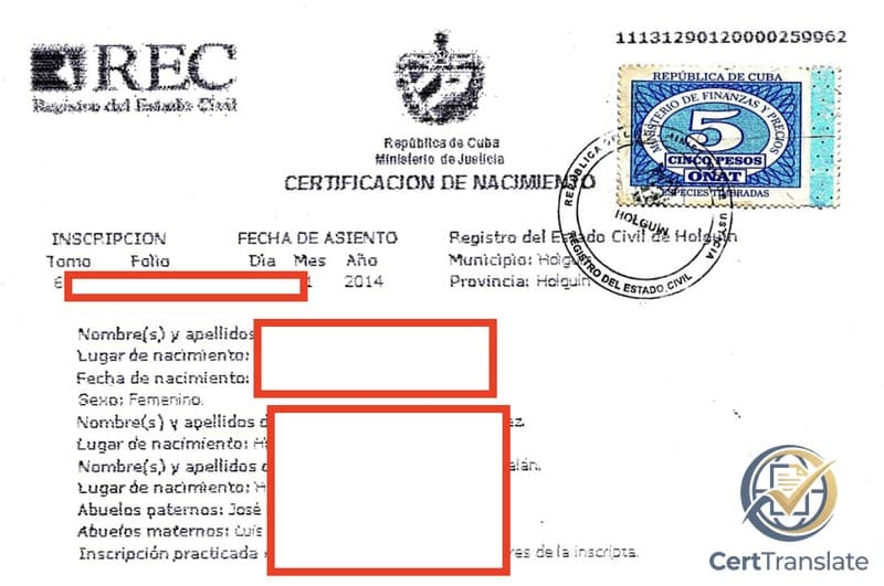 Upper portion of a Cuban certificación de nacimiento (birth certificate) with all personal names and document numbers redacted, showing the Abuelos paternos and Abuelos maternos rows that in Cuban Civil Registry practice list grandparents by given name only