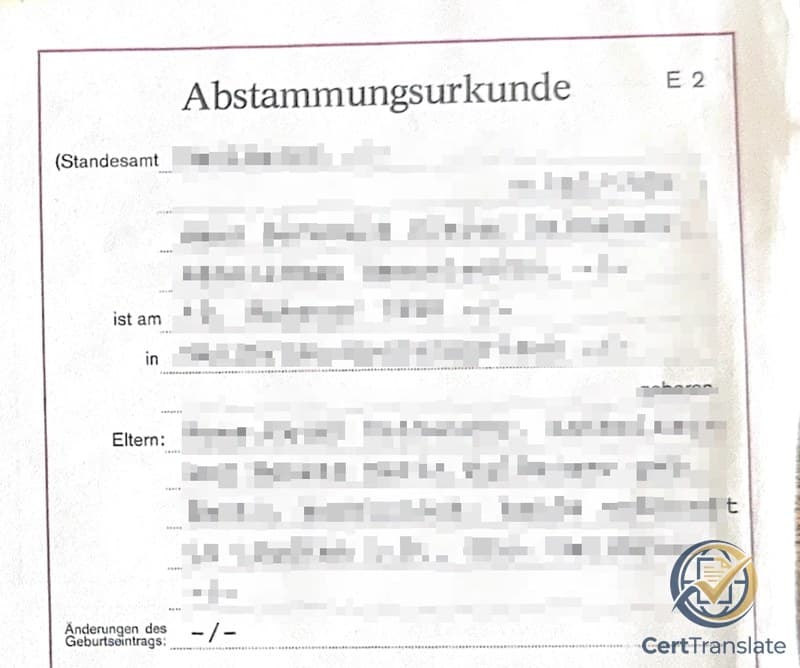 Redacted 1990 German Abstammungsurkunde (Certificate of Descent) from Standesamt Heilbronn — a discontinued German birth record type; personal data blurred, title and form labels visible