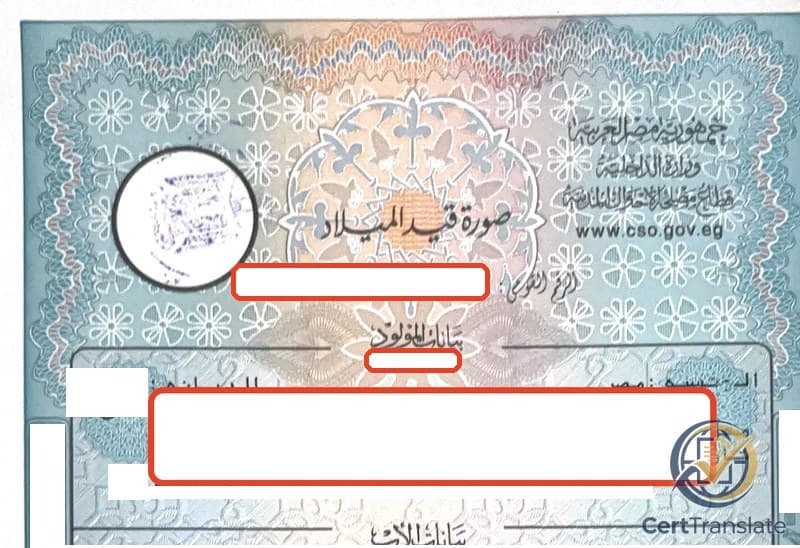 Egyptian Copy of Birth Record (صورة قيد الميلاد) issued by the Civil Status Authority with redacted personal details, showing where the 14-digit Egyptian National ID number sits beneath the document title, under the label 'الرقم القومي' (the number itself redacted)