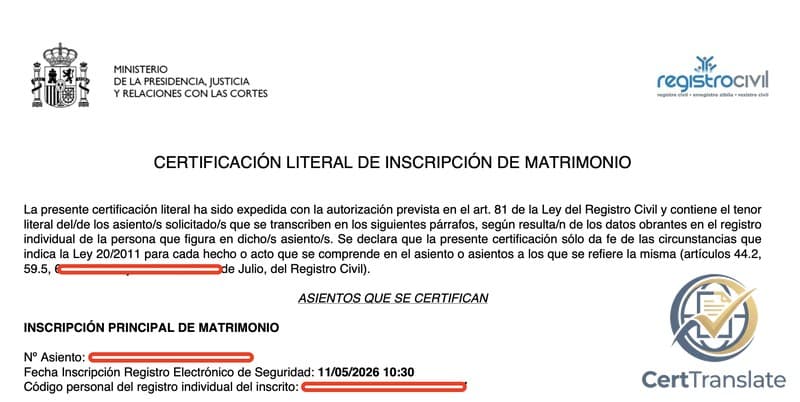 Spanish marriage certificate (Certificación Literal de Inscripción de Matrimonio) issued electronically by the Registro Civil de España — labeled form structure showing the electronic-signature reference, the validation URL, and the verification-code block at the foot of the page, with names, DNI numbers, addresses, and the verification code redacted
