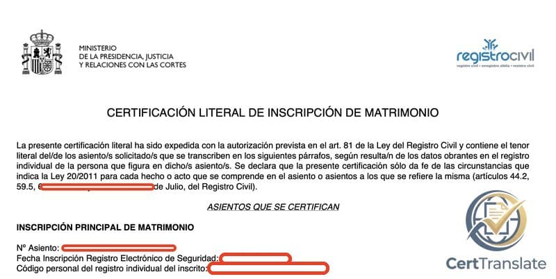 Redacted electronic Spanish record showing its digital-signature and verification-code blocks
