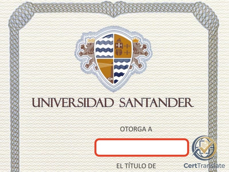 Page 1 of a Mexican licenciatura diploma issued by Universidad Santander, with the recipient's name redacted in red and the institutional shield, university name and 'OTORGA A / EL TÍTULO DE' header visible