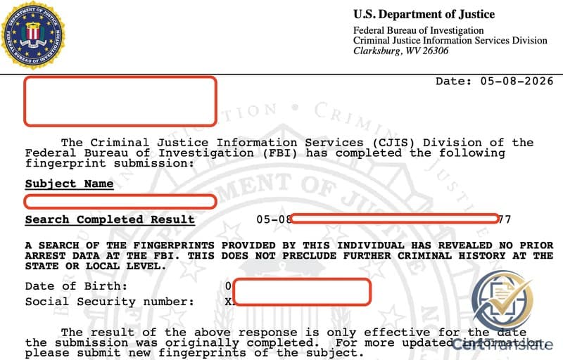 Source page of a US FBI background check (Identity History Summary, form 1-787) sent for German translation — DOJ/FBI letterhead, seal, watermark, and 'NO PRIOR ARREST DATA AT THE FBI' result line visible; subject name, date of birth, last digits of the SSN, and central portion of the search ID redacted with red ovals