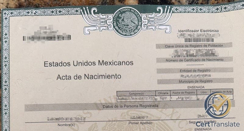 Top portion of a Mexican Acta de Nacimiento (digital e-Acta) from the Civil Registry of Baja California, with personal data redacted, showing the Identificador Electrónico, CURP, Folio, and the 'Número de Certificado de Nacimiento' fields together with the Municipio de Registro 'ENSENADA' — the verification stack on a Mexican digital civil-registry birth certificate