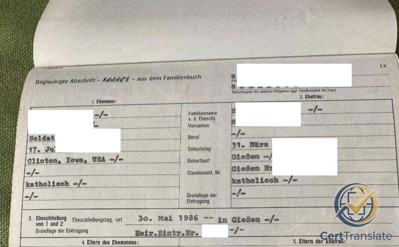 German civil marriage record (Beglaubigte Abschrift aus dem Familienbuch) from the Standesamt in Giessen, 1986 — personal details redacted, showing the civil wedding date 30. Mai 1986 and the grid-form structure with separate husband and wife columns that is the legally binding record of a German marriage