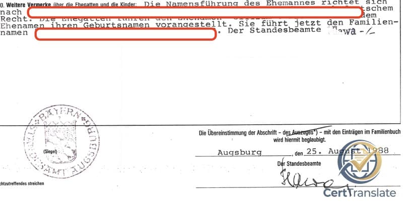 German marriage record (Beglaubigte Abschrift – Auszug aus dem Familienbuch) issued by Standesamt Augsburg with redacted personal details — Section 10 records that the wife has prepended her birth name to the married name under §1355 BGB and now bears a hyphenated combined family name