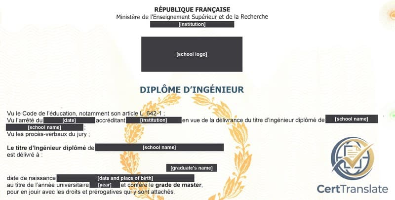 Redacted French engineering diploma (Diplôme d’Ingénieur) whose award sentence states “et confère le grade de master”; school name, logo, graduate’s name, birth details and dates covered