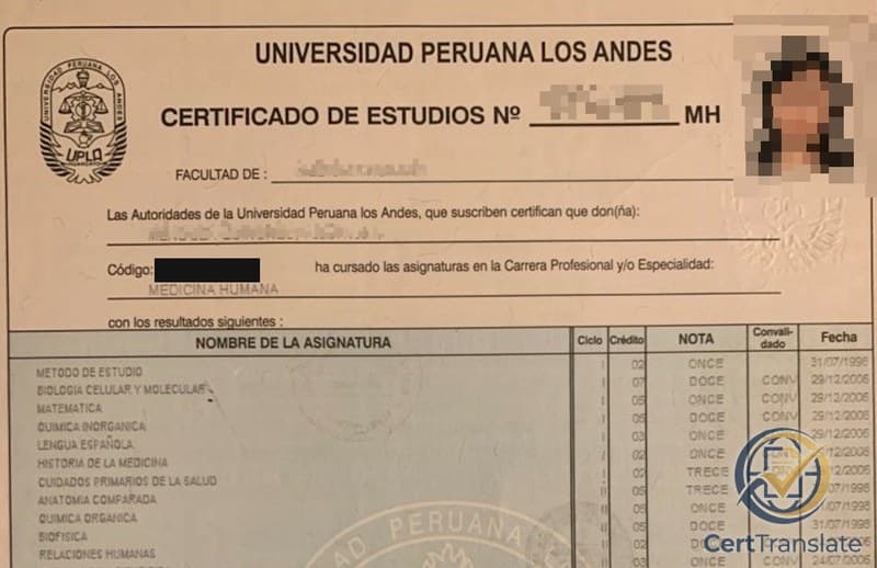 Front of a Peruvian Certificado de Estudios (academic transcript) from Universidad Peruana Los Andes showing the NOTA column with grades written as Spanish words and the Convalidado column, with holder name, student code, and certificate number redacted