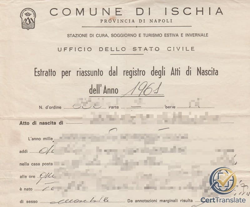 Italian birth-record extract (estratto di nascita) from the Comune di Ischia with redacted personal details — a pre-printed register form filled in by hand in cursive, where two parent names and an abbreviated street name could be read more than one way and were confirmed with the document holder