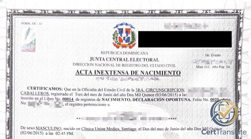 Dominican birth certificate with personal details redacted, showing a hologram at the top left, the round Central Electoral Board seal, and two printed barcodes