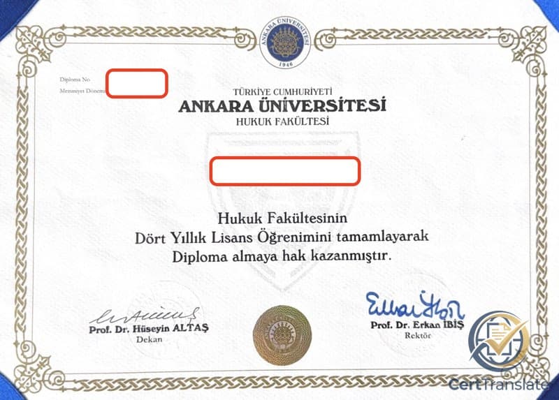 Turkish diploma from Ankara University Faculty of Law (Ankara Üniversitesi Hukuk Fakültesi) with the holder's name, Diploma No, and Mezuniyet Dönemi redacted, showing the four-year undergraduate law credential signed by the Dean and the Rector.