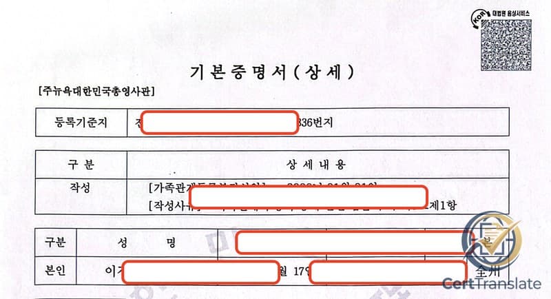 Korean Basic Certificate (기본증명서) translation example — top section showing the Hangul/Hanja name field structure, registration base address, and bon-gwan (本) clan-seat column with personal details redacted