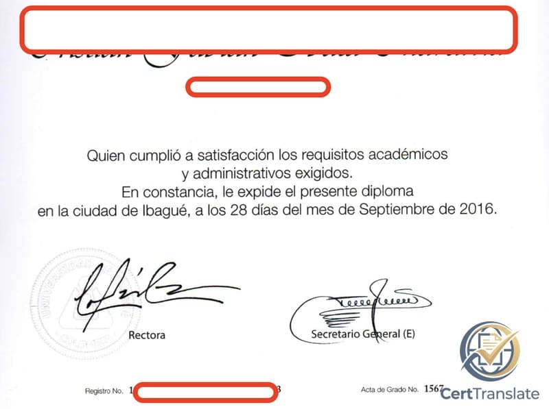 Lower half of an Industrial Engineer diploma from Universidad de Ibagué (Colombia) showing the Rector and Acting Secretary General signatures, the university's dry embossed seal, and the body paragraph confirming completion in September 2016 — student name, Cédula de Ciudadanía, and Folio number redacted