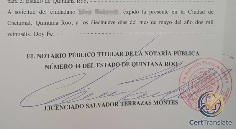 Close-up of the bottom portion of a Mexican notarial Certificación de Pasaporte (cotejo) from Notaría Pública No. 44 of Quintana Roo, with the citizen's name masked — showing the 'LICENCIADO SALVADOR TERRAZAS MONTES' line under the signature and the round red notary seal naming 'Lic. Salvador Terrazas Montes — Estados Unidos Mexicanos — Notario Público No. 44 — Chetumal, Quintana Roo, México'