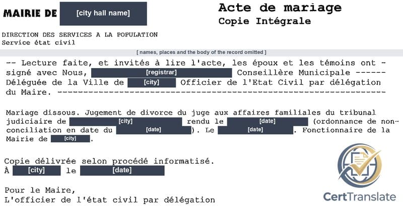 Full copy of a French marriage record (copie intégrale d’acte de mariage) showing the «Mariage dissous» divorce notation after the record’s last lines, hyphen line fillers visible, with names, places and dates redacted