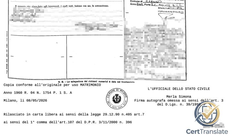 Redacted certified copy of an Italian birth certificate extract (estratto per riassunto di atto di nascita) — personal handwriting is masked, while the official civil-registry seal and a marginal annotation's registry reference stay visible to show the civil-registry structure
