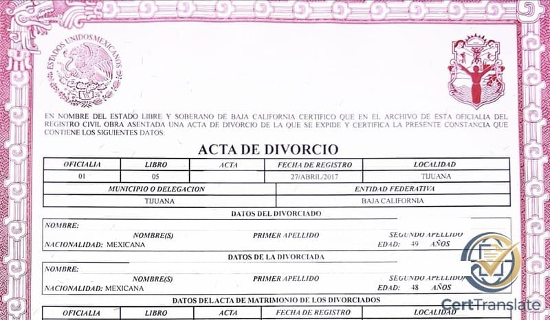 Redacted civil registry divorce certificate showing separate registration and judgment date fields