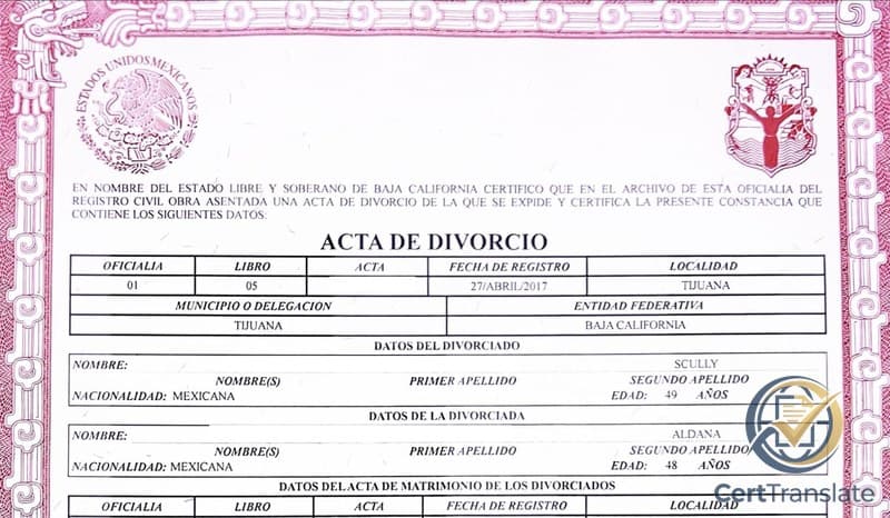 Upper portion of a Mexican Acta de Divorcio from the Tijuana Civil Registry showing the Fecha de Registro field with personal data redacted, for a certified translation case study about three different dates on a Mexican divorce certificate