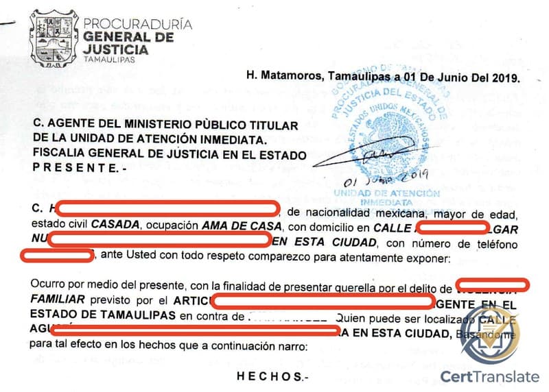Top portion of a two-page Mexican denuncia (criminal complaint) from the Office of the Attorney General of Justice of Tamaulipas, with personal data redacted, showing the institutional letterhead repeating in the top-left corner, the place/date and addressee block, the receipt seals and the Immediate Attention Unit's date stamp, the start of the complainant's narrative, and the 'HECHOS.-' heading where the witness statement begins