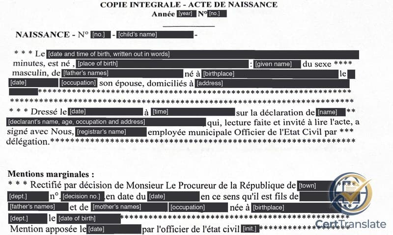 Redacted French full-copy birth record: the entry says son épouse with no name, and the mother is named only in the marginal notation below it, a rectification
