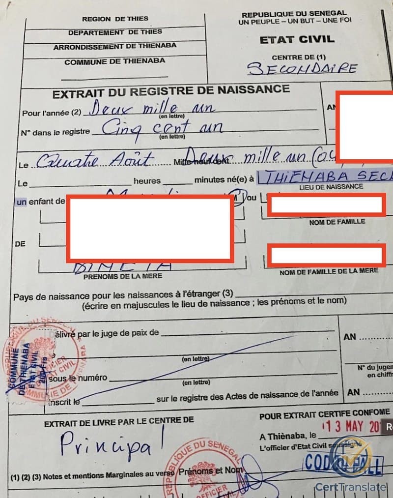 Senegalese Extrait du Registre de Naissance from the Commune of Thiénaba with redacted personal details — the printed letterhead spells the commune as "THIENABA" while the same writer's handwritten place-of-birth entry reads as "THIEHABA SECK"