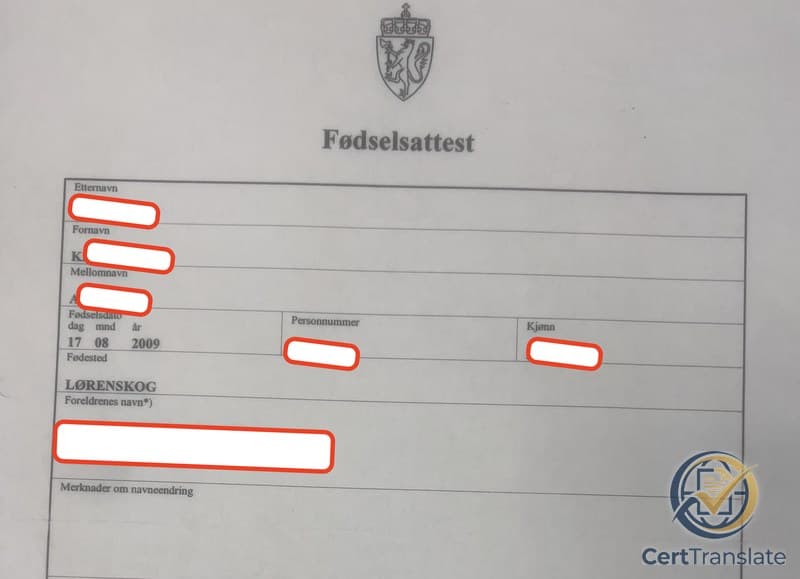 Upper portion of a Norwegian birth certificate (fødselsattest) with redacted personal details — the standard RF-1411B electronic-edition form with Norwegian coat of arms and printed Bokmål field labels for surname, given name, middle name, date of birth, personal number, sex, place of birth, and parents' names