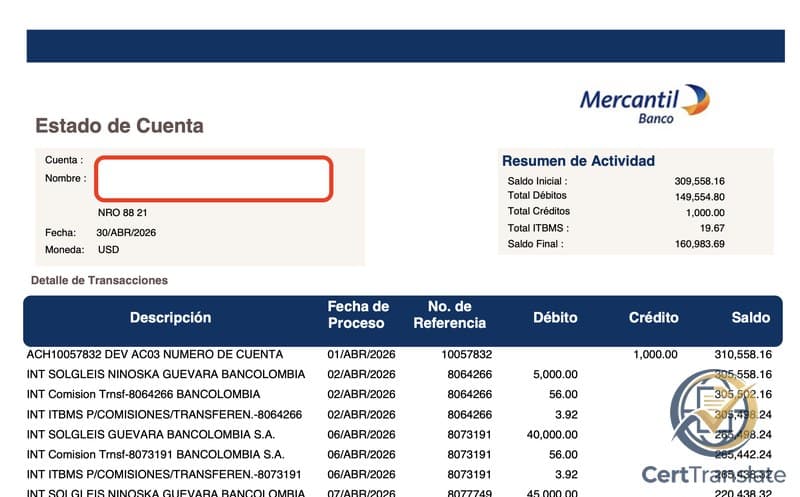 Top portion of a Mercantil Banco (Panama) Estado de Cuenta with the account holder's name redacted, showing the two-box header layout (account info left + activity summary right) and the first transaction rows with Panama-specific Spanish abbreviations (DEV, INT, P/, ITBMS) in the description column