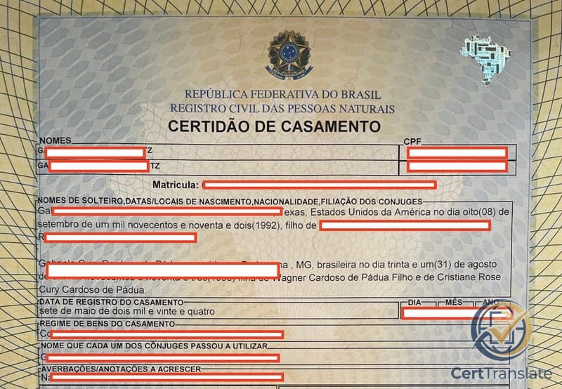 Brazilian marriage certificate (Certidão de Casamento) issued by the Third Subdistrict of Belo Horizonte, MG — labeled form structure showing where the 'Comunhão Parcial de Bens' regime label appears on a modern Brazilian civil-registry sheet, with names, CPF numbers, document numbers, dates, parents' names, and the property-regime value redacted