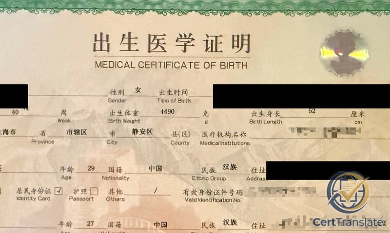 Top portion of a PRC Medical Certificate of Birth (出生医学证明) with bearer's name, birth date, mother's address, mother's ID-card number, and hospital name redacted; the form's bilingual labels and the bearer's name field structure remain visible