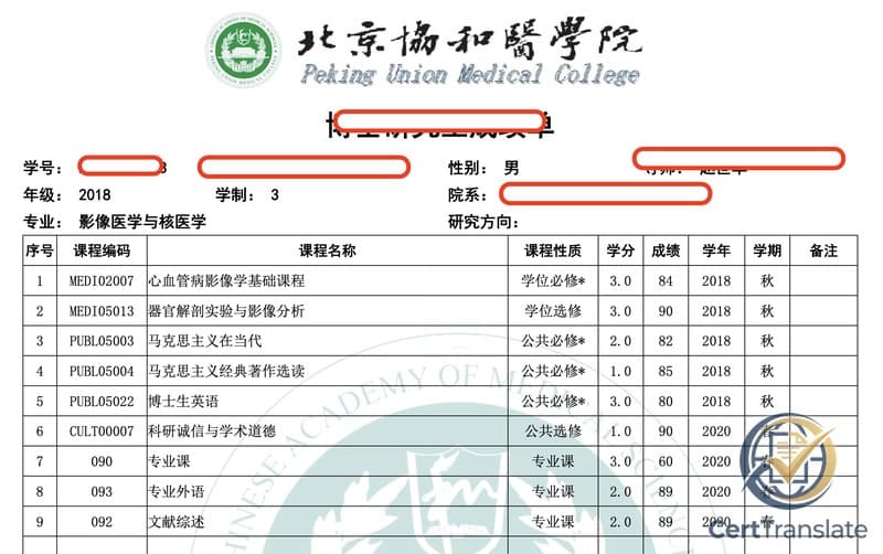 Chinese PhD transcript from Peking Union Medical College with redacted student name, ID, supervisor, and department — showing two Marxism courses among the required subjects and a course-name field that repeats the course-type label for the program's specialized course